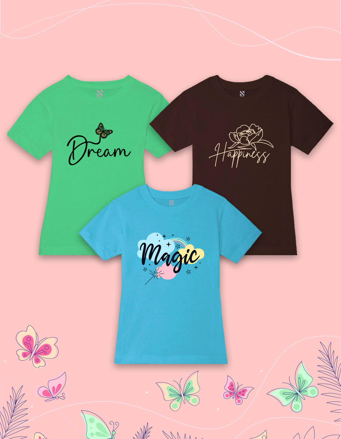NUSYL Girls Sky Blue & Green & Brown Multi Text Printed Half Sleeves T-Shirt Pack of 3