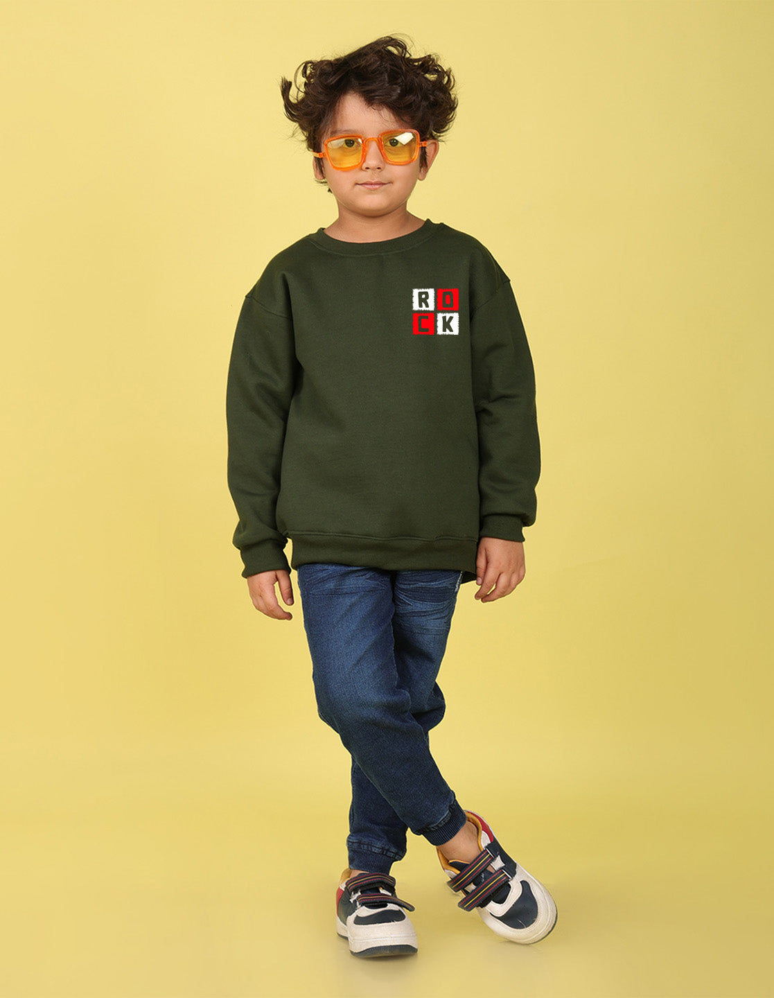 NUSYL Boy's Olive Rock text Printed Oversized Round neck Sweatshirt