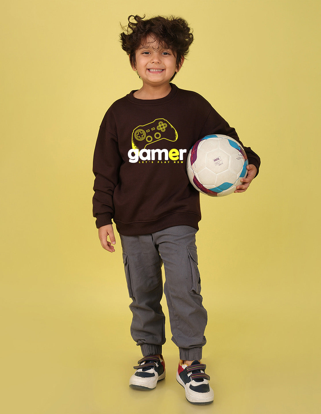 NUSYL Boy's Brown Gamer text Printed Oversized Round neck Sweatshirt