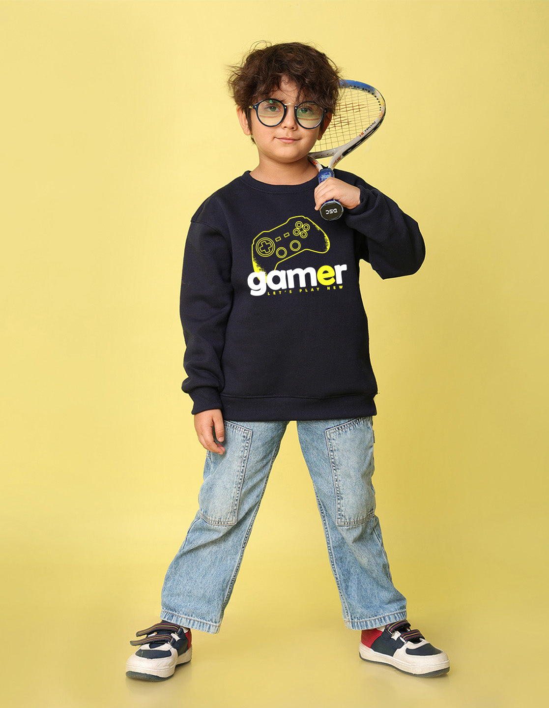 NUSYL Boy's Navy Blue Gamer text Printed Oversized Round neck Sweatshirt