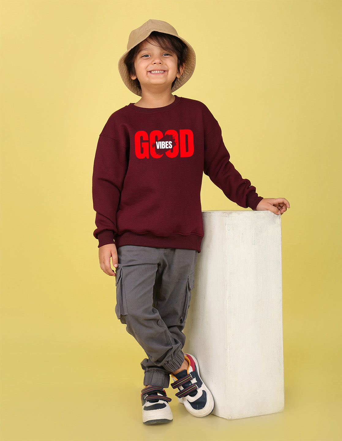 NUSYL Boy's Burgundy Good Vibes text Printed Oversized Round neck Sweatshirt