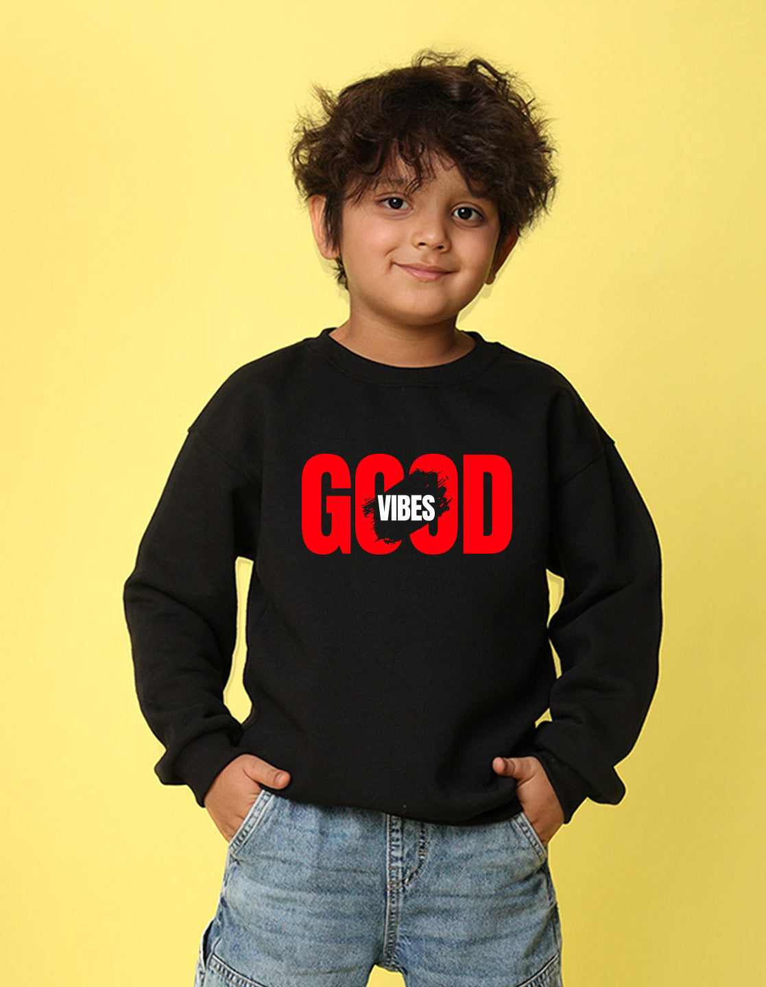 NUSYL Boy's Black Good Vibes text Printed Oversized Round neck Sweatshirt