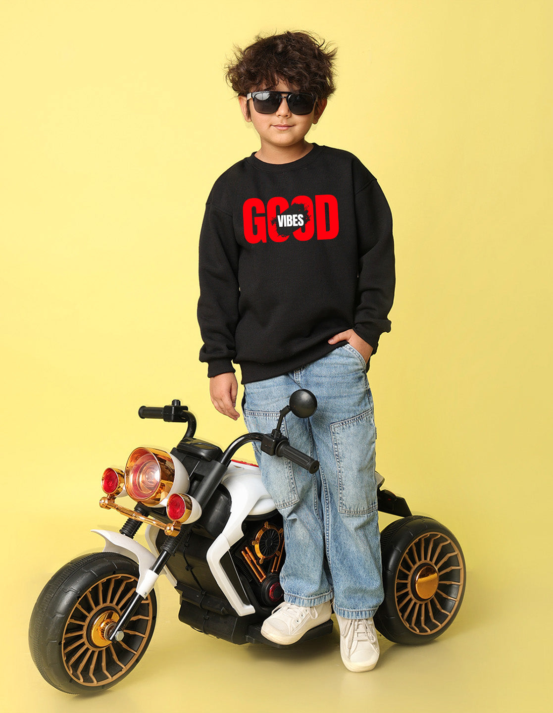 NUSYL Boy's Black Good Vibes text Printed Oversized Round neck Sweatshirt