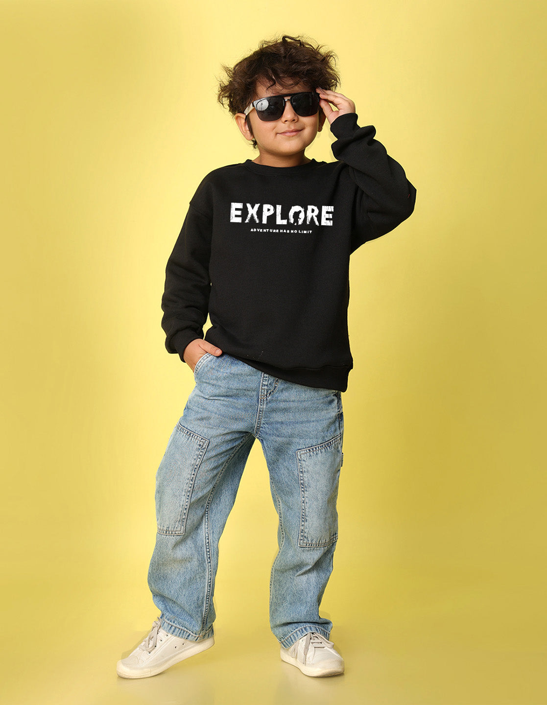 NUSYL Boy's Black Explore text Printed Oversized Round neck Sweatshirt