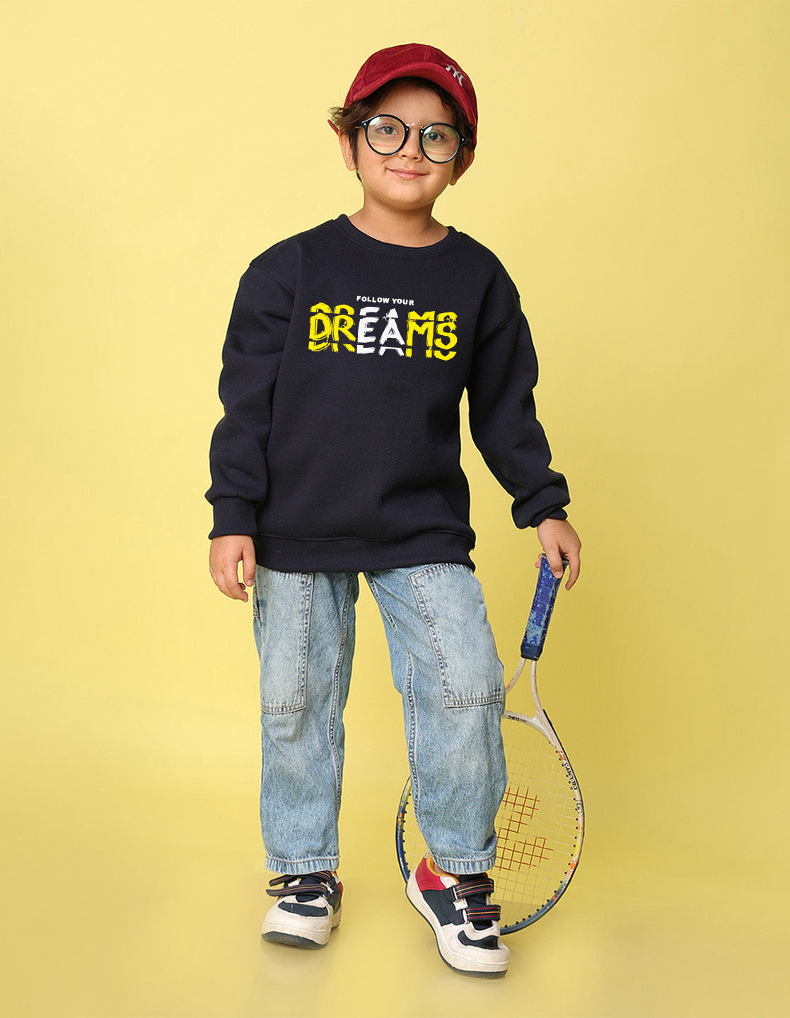 NUSYL Boy's Navy Blue Dreams text Printed Oversized Round neck Sweatshirt