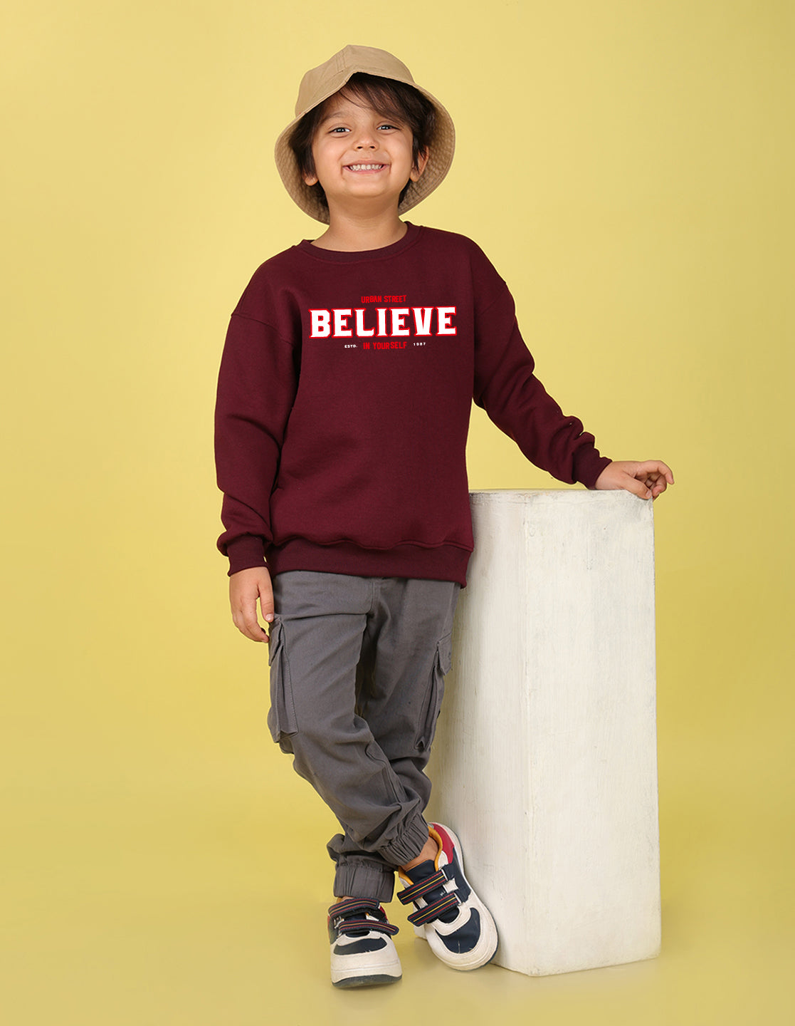 NUSYL Boy's Burgundy Believe text Printed Oversized Round neck Sweatshirt