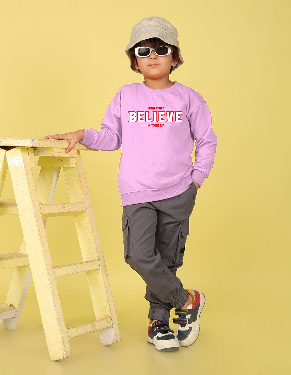 NUSYL Boy's Lilac Believe text Printed Oversized Round neck Sweatshirt