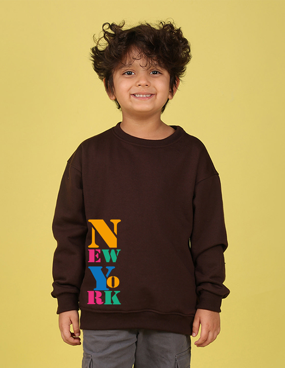NUSYL Boy's Brown New York text Printed Oversized Round neck Sweatshirt
