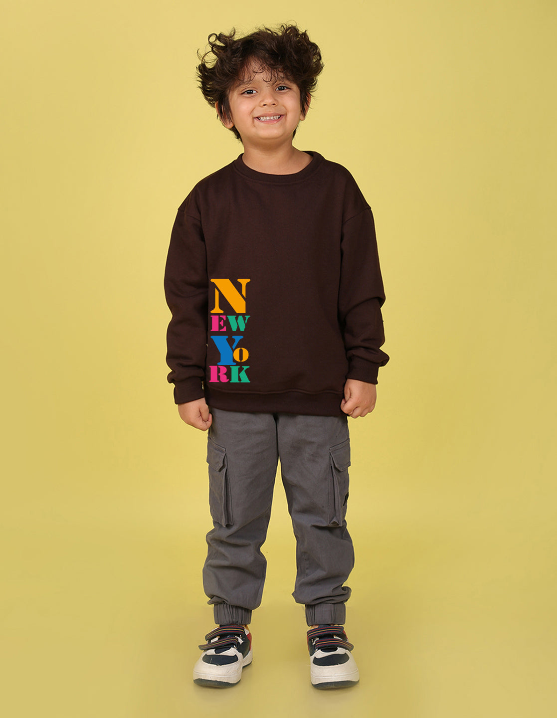 NUSYL Boy's Brown New York text Printed Oversized Round neck Sweatshirt