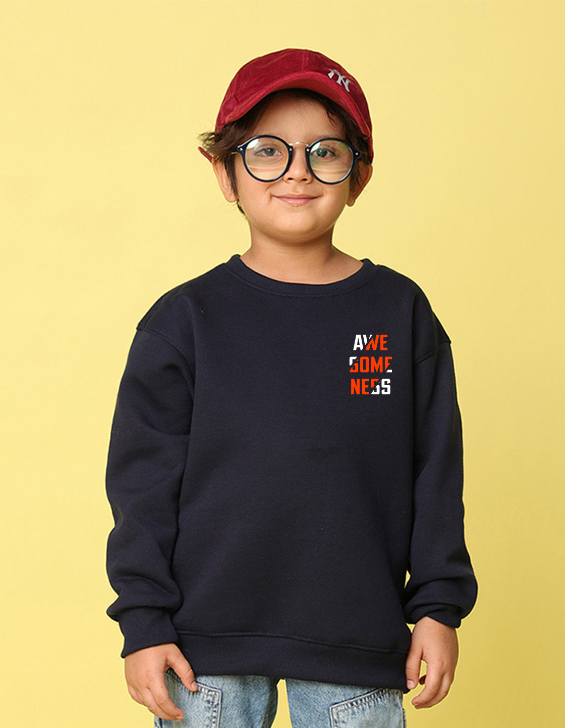 NUSYL Boy's Navy Blue Awesomeness text Printed Oversized Round neck Sweatshirt