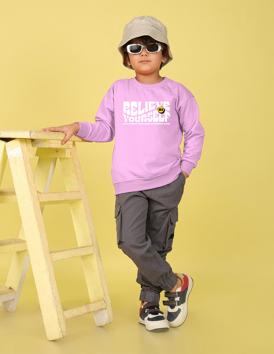 NUSYL Boy's Lilac Believe yourself text Printed Oversized Round neck Sweatshirt