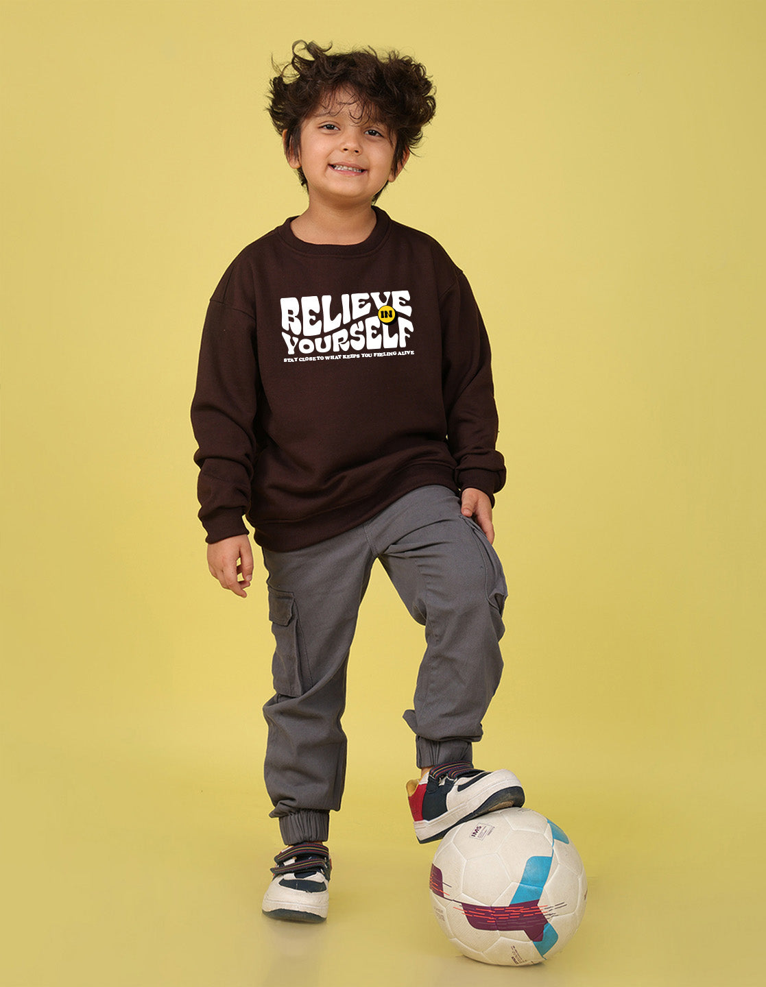 NUSYL Boy's Brown Believe yourself text Printed Oversized Round neck Sweatshirt