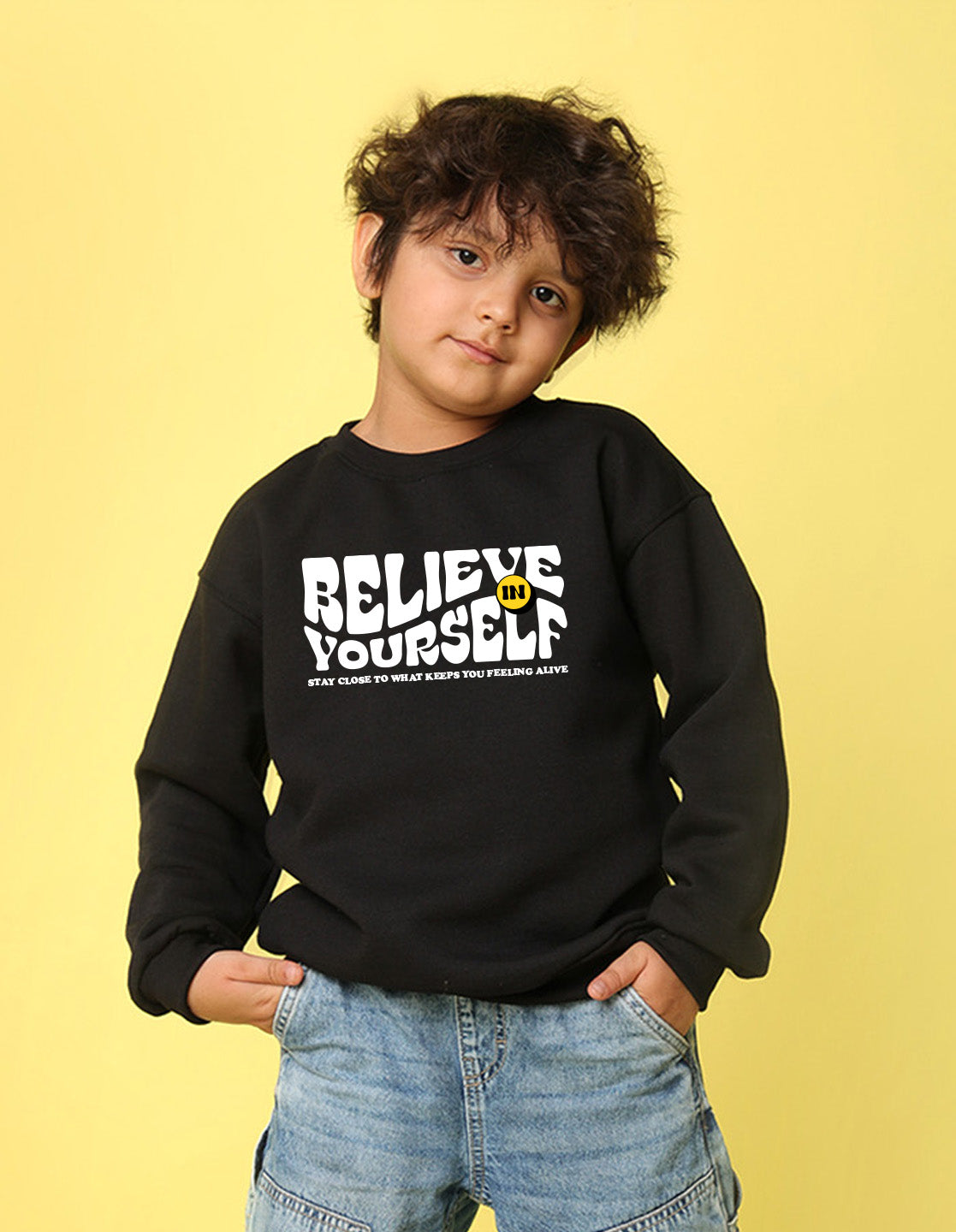 NUSYL Boy's Black Believe yourself text Printed Oversized Round neck Sweatshirt