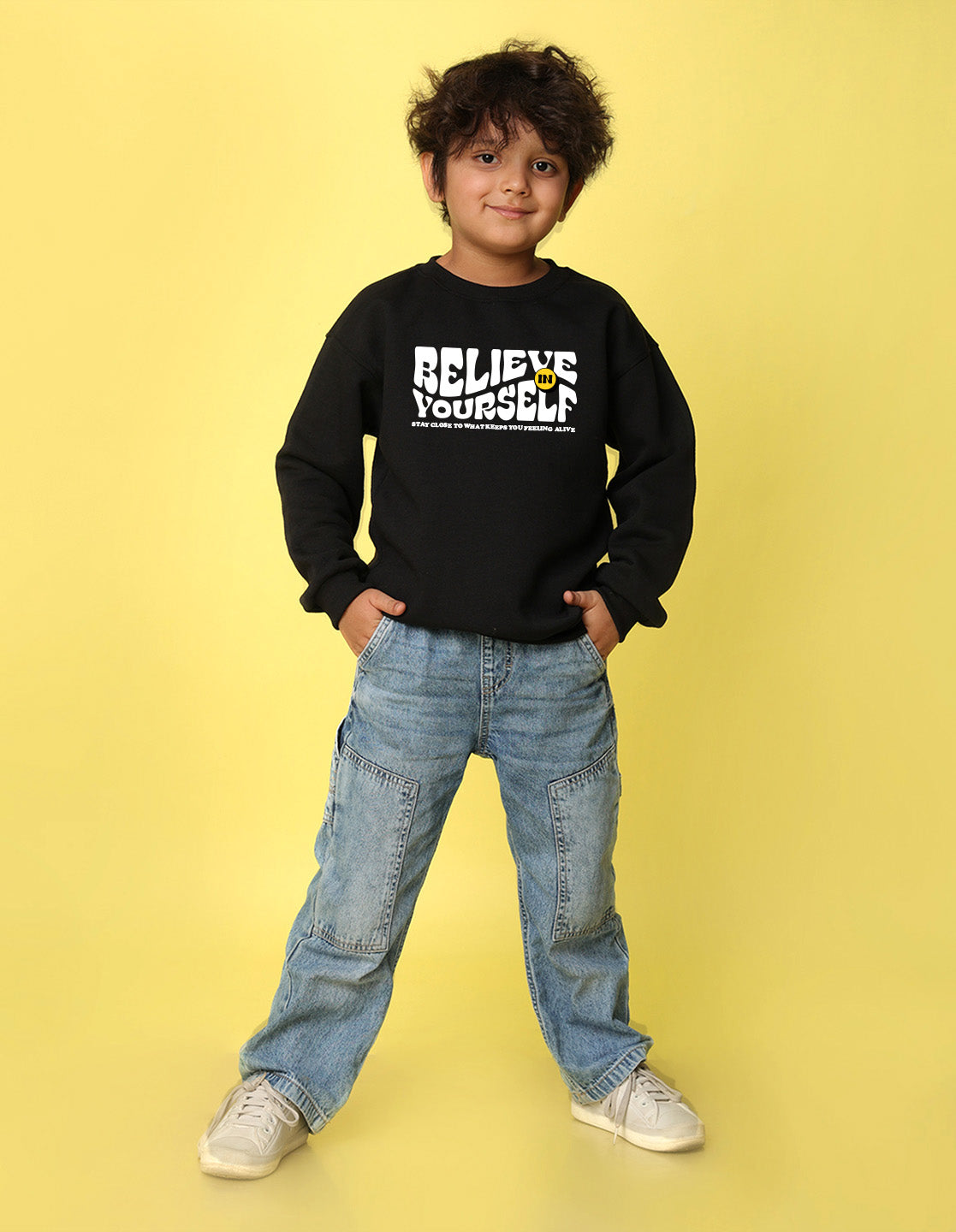 NUSYL Boy's Black Believe yourself text Printed Oversized Round neck Sweatshirt