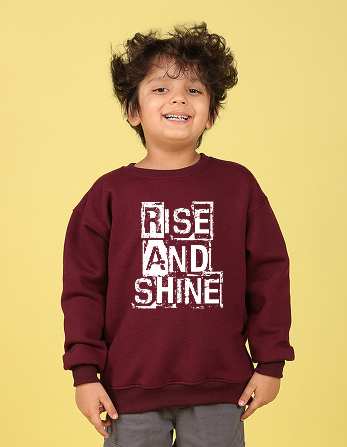 NUSYL Boy's Burgundy Rise and shine text Printed Oversized Round neck Sweatshirt