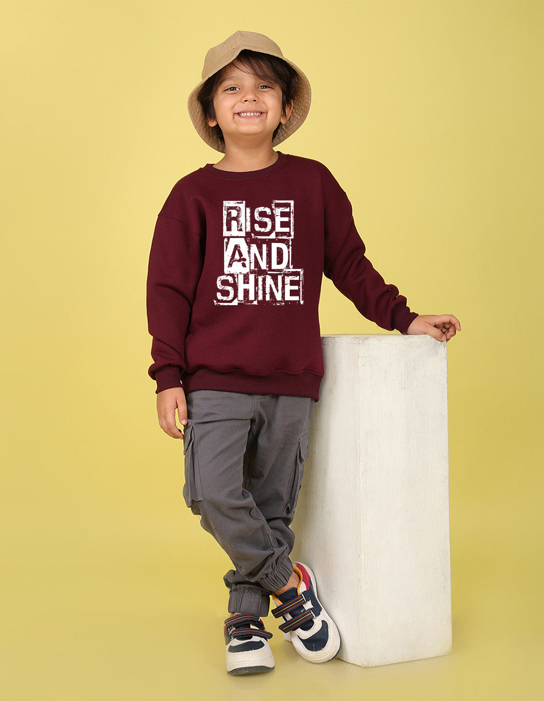 NUSYL Boy's Burgundy Rise and shine text Printed Oversized Round neck Sweatshirt