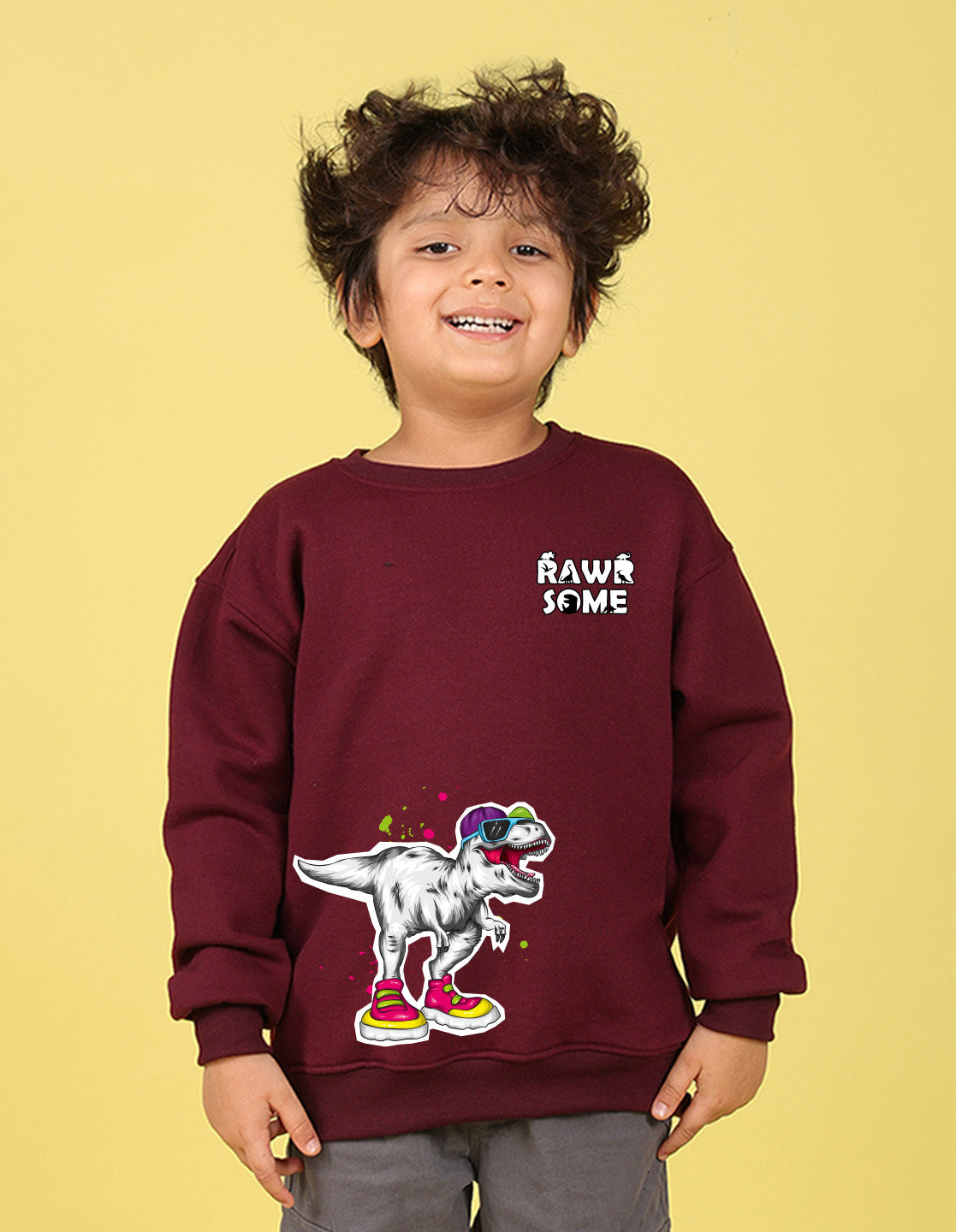 NUSYL Boy's Burgundy Dinosaur Printed Oversized Round neck Sweatshirt