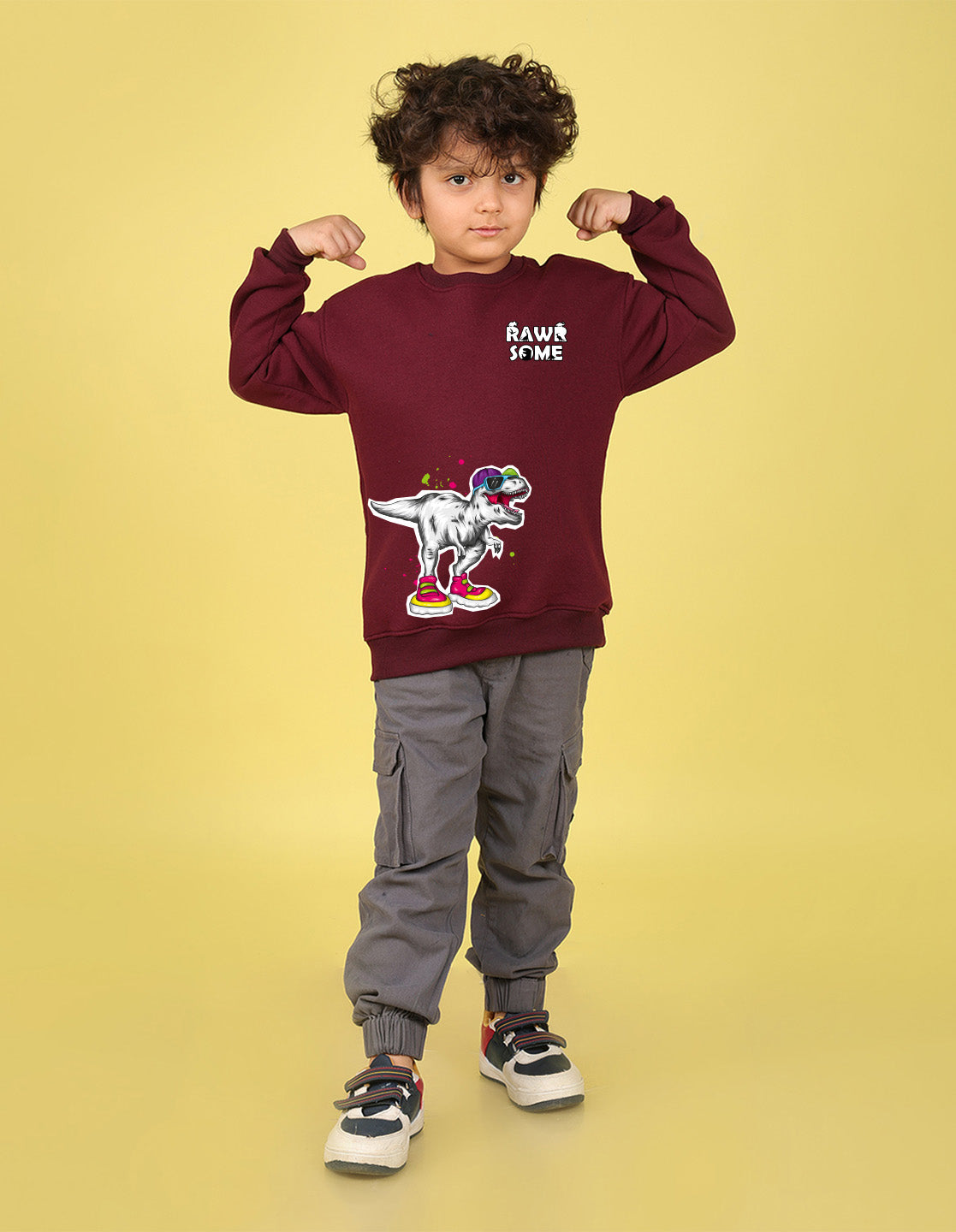 NUSYL Boy's Burgundy Dinosaur Printed Oversized Round neck Sweatshirt