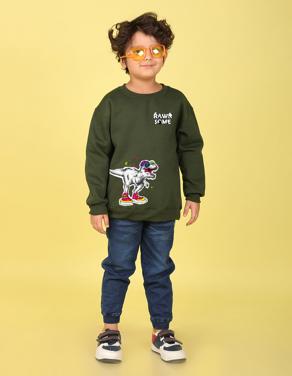 NUSYL Boy's Olive Dinosaur Printed Oversized Round neck Sweatshirt