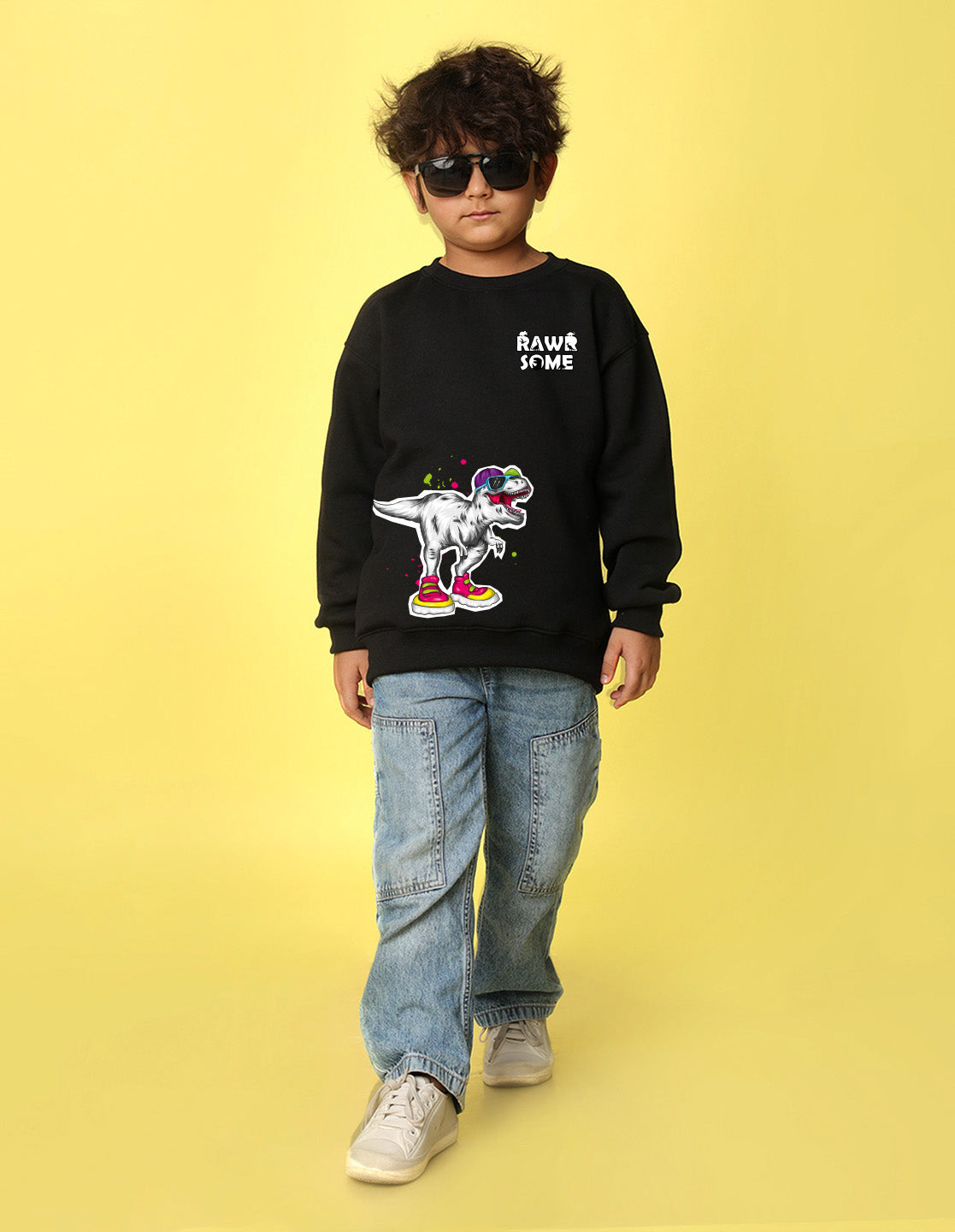 NUSYL Boy's Black Dinosaur Printed Oversized Round neck Sweatshirt