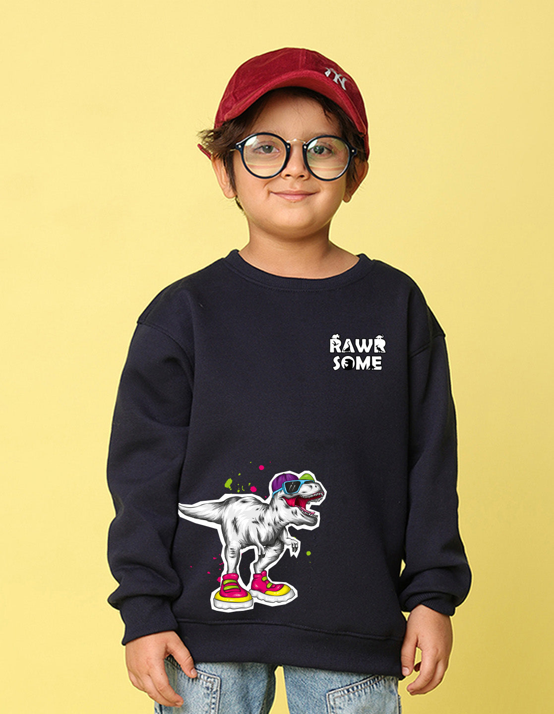 NUSYL Boy's Navy Blue Dinosaur Printed Oversized Round neck Sweatshirt