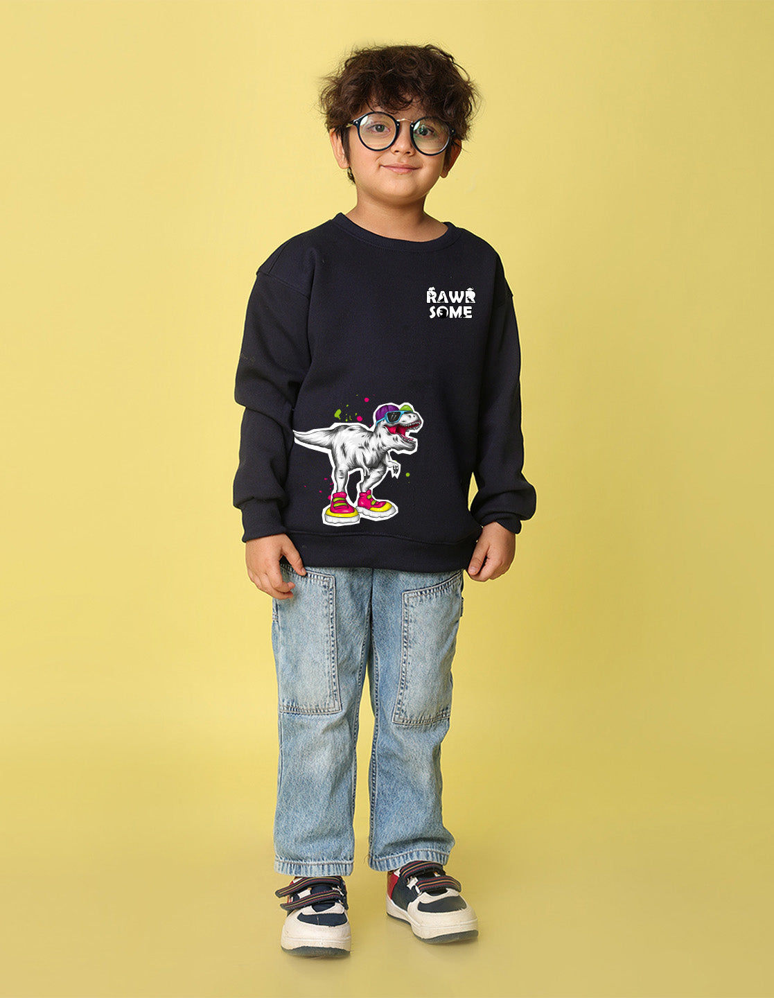 NUSYL Boy's Navy Blue Dinosaur Printed Oversized Round neck Sweatshirt