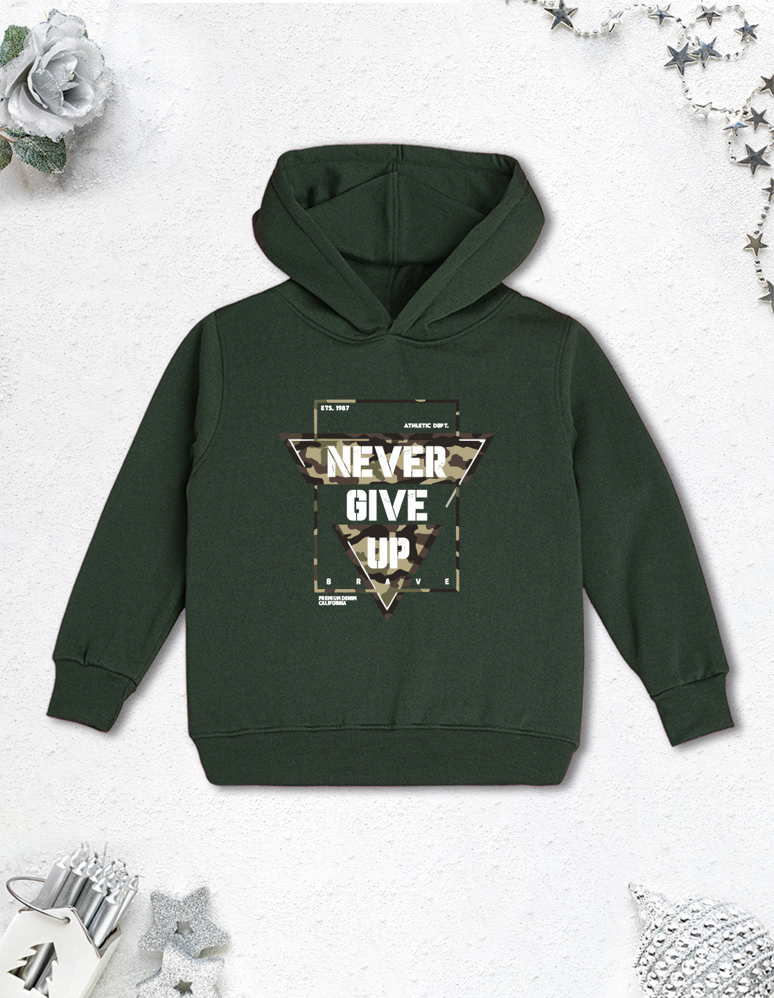Nusyl Boy's Olive Never give up text Printed Hoodie