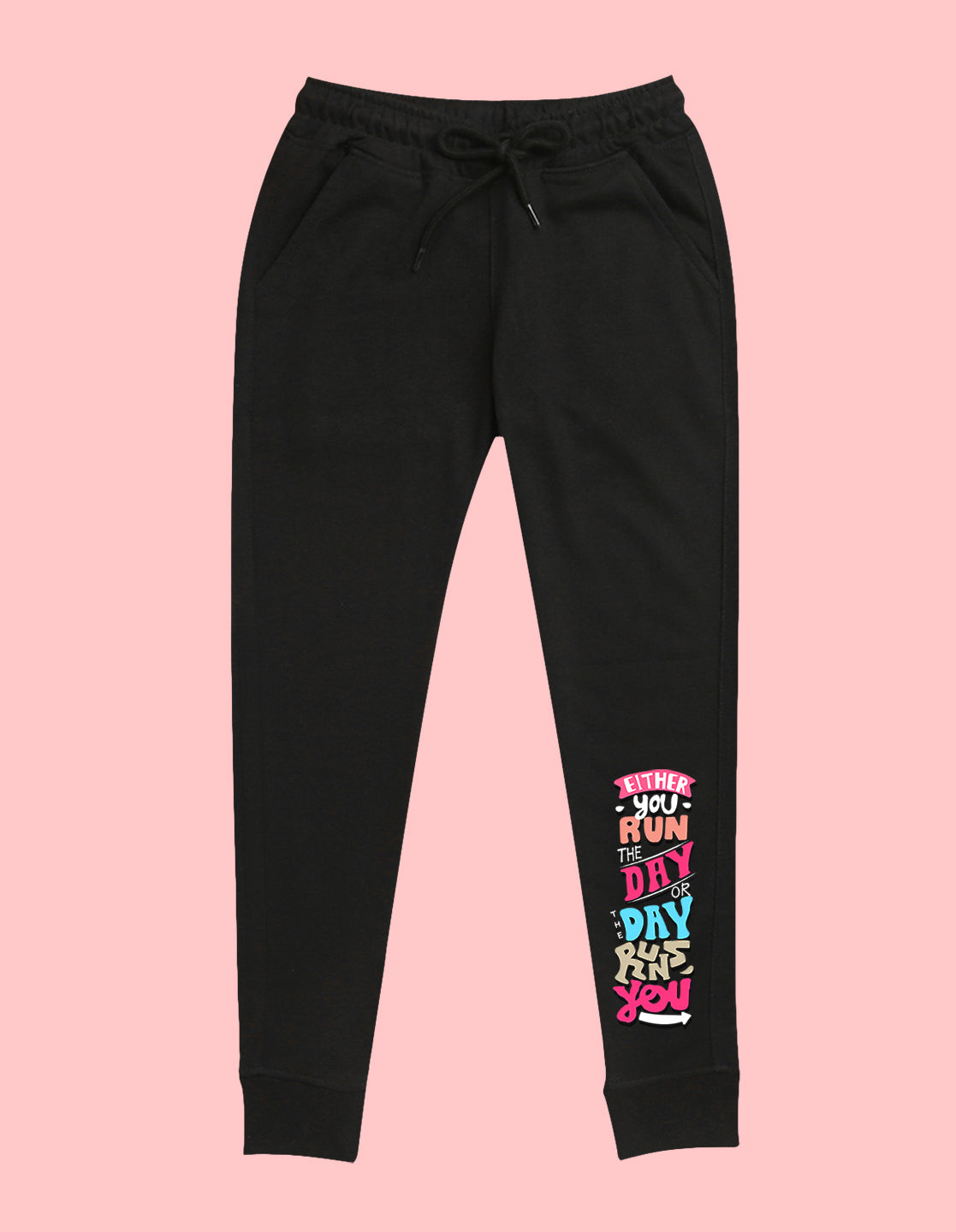 Black text printed kids unisex treck pants
