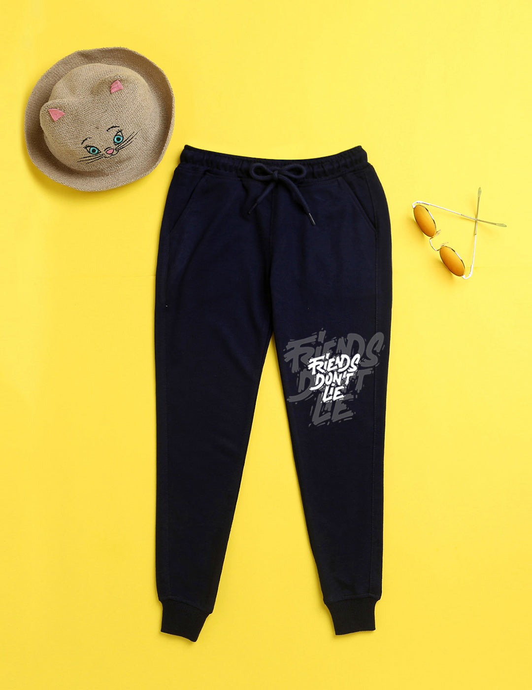 Navy blue text printed kids unisex treck pants