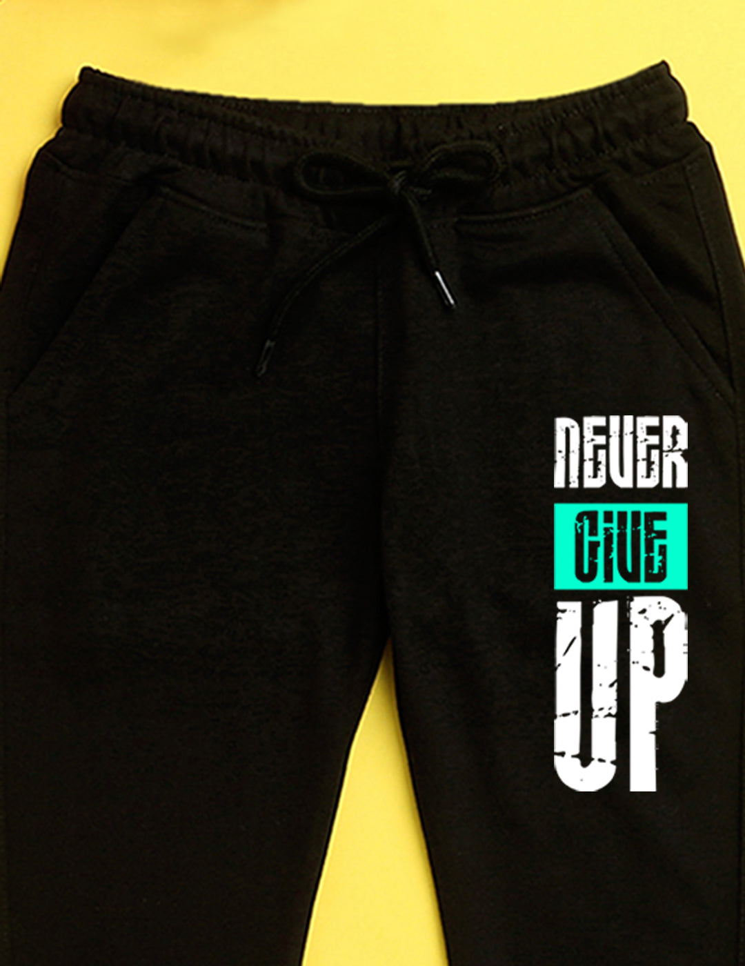 Black text printed kids unisex treck pants