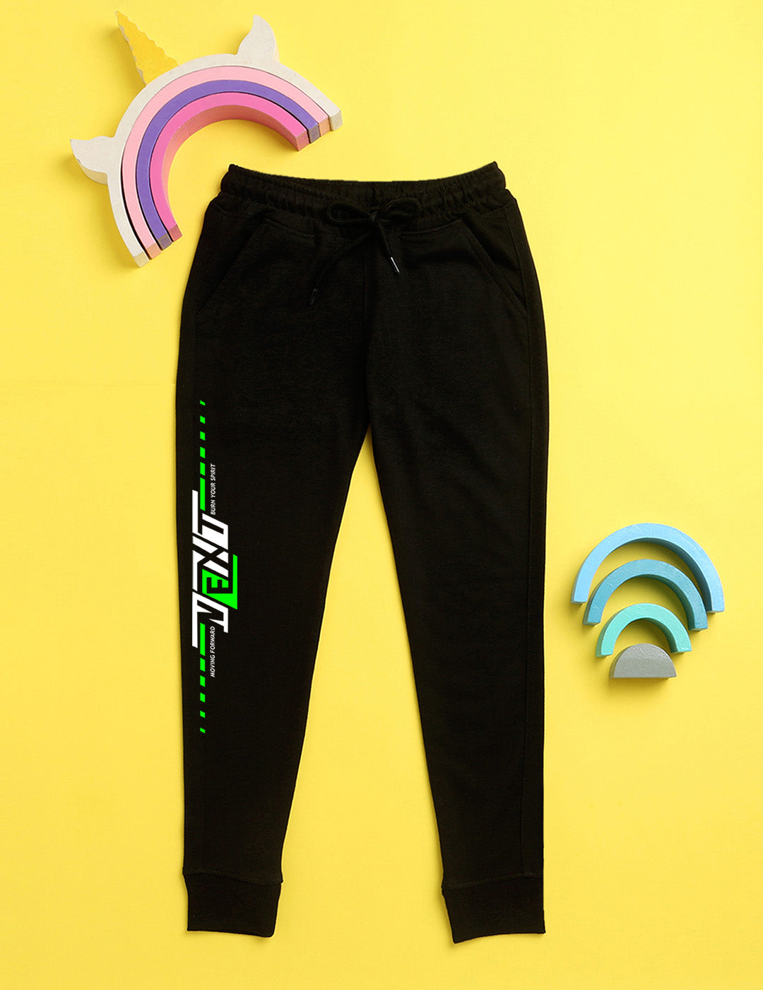 Black text printed kids unisex treck pants
