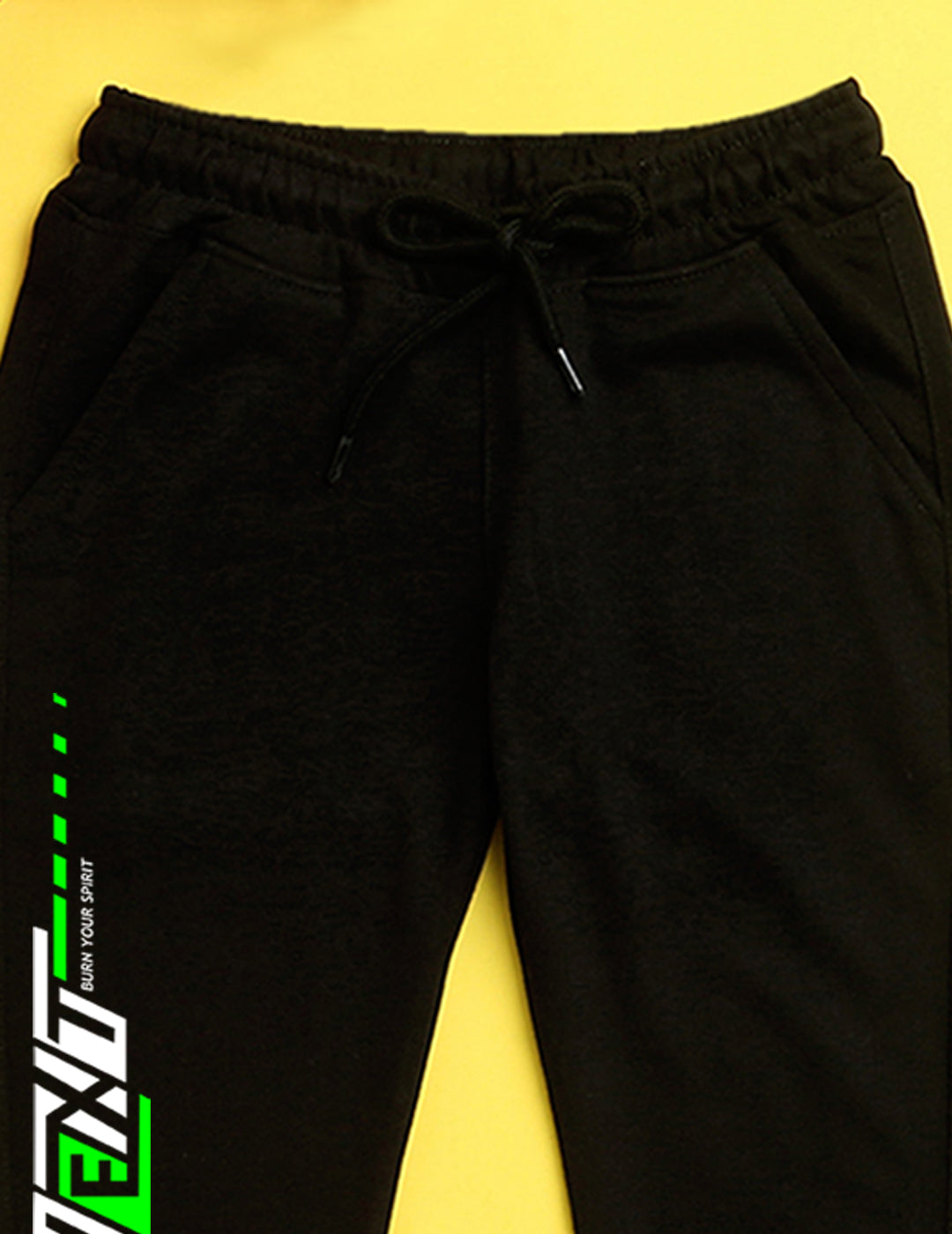 Black text printed kids unisex treck pants