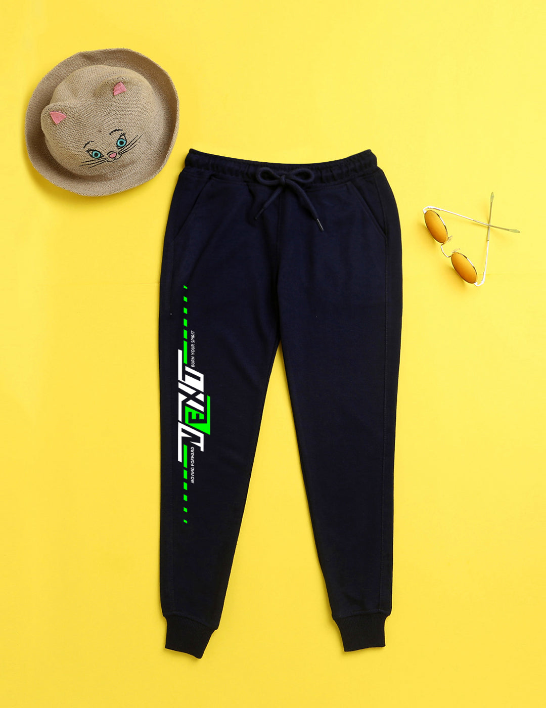 Navy blue text printed kids unisex treck pants
