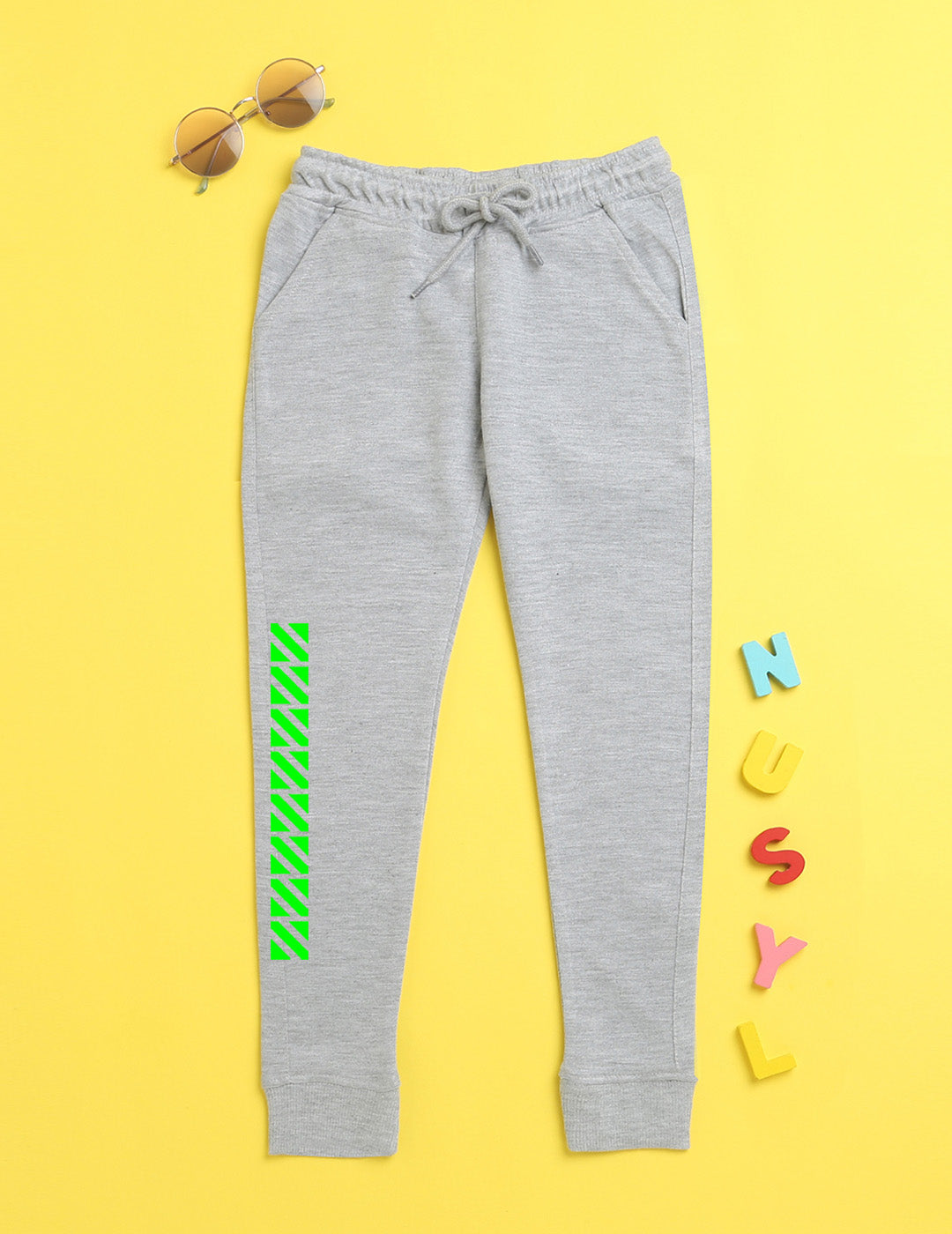 Grey text printed kids unisex treck pants