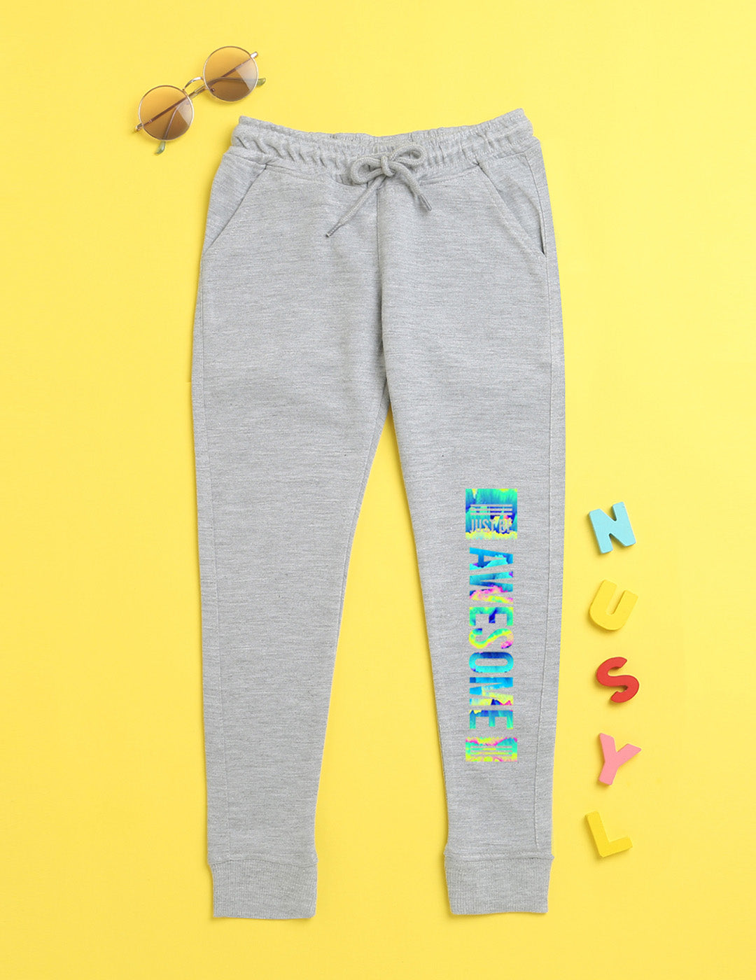 Grey text printed kids unisex treck pants