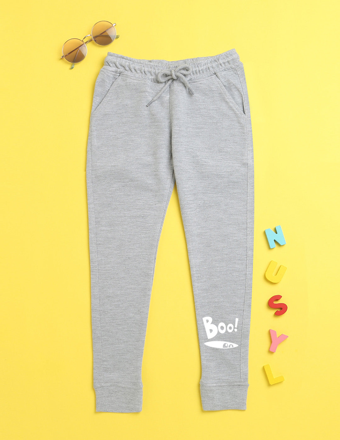 Grey text printed kids unisex treck pants