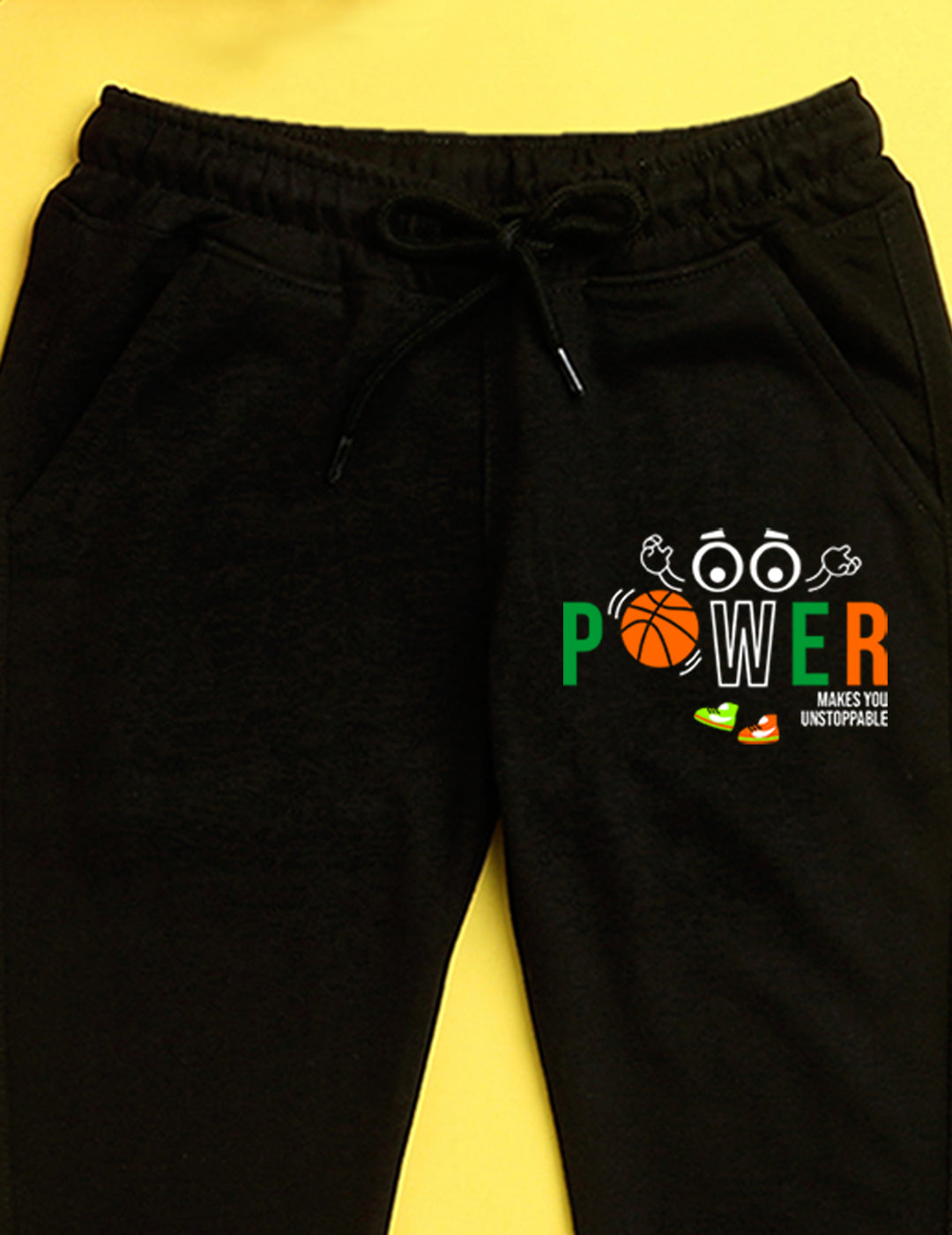 Black text printed kids unisex treck pants