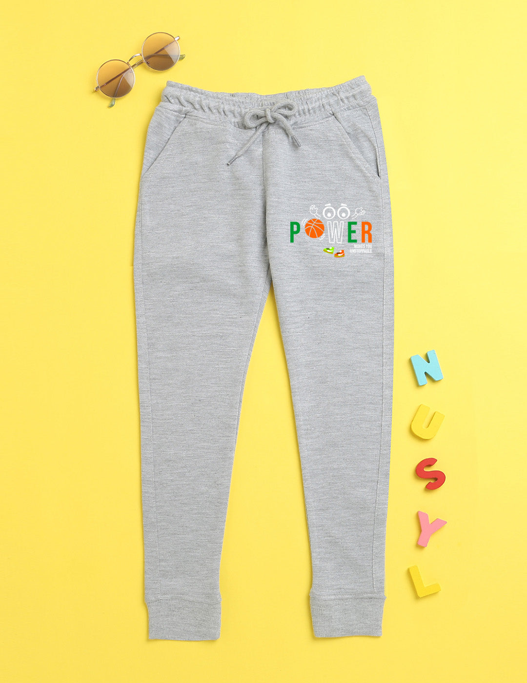 Grey text printed kids unisex treck pants