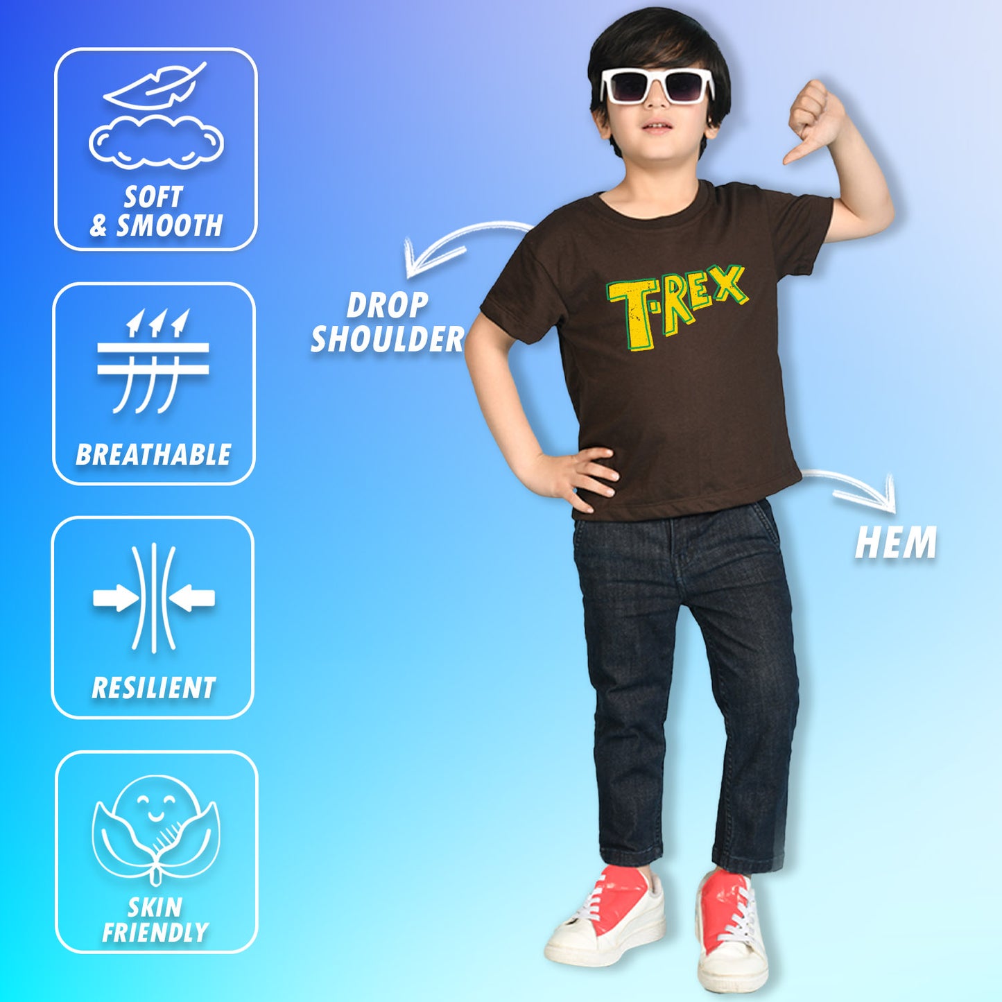 Nusyl Boys Brown T-Rex Text Printed Short Sleeve Oversized T-Shirt