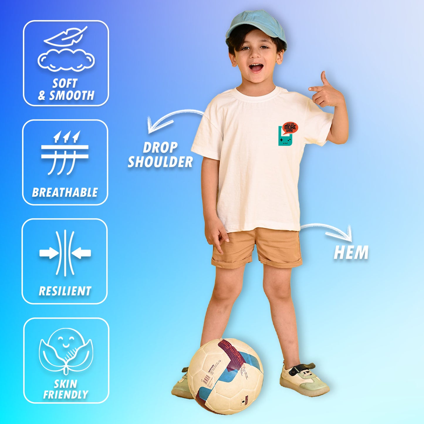 Nusyl Boys White Just One More Game Text Printed Short Sleeve Oversized T-Shirt