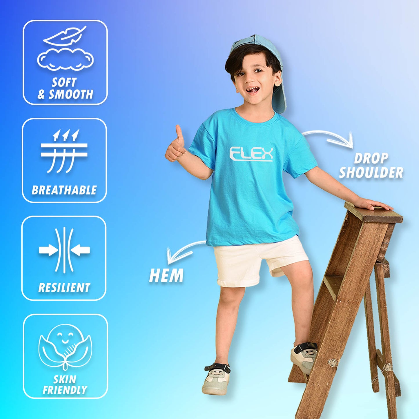 Nusyl Boys Sky Blue Flex Text Printed Short Sleeve Oversized T-Shirt