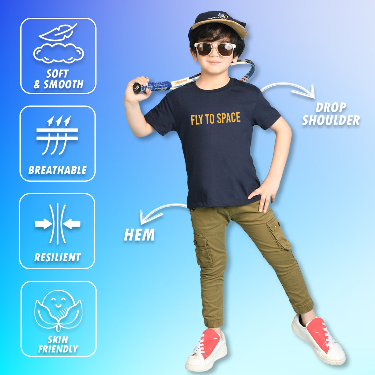 Nusyl Boys Navy Blue Astronaut & Text Printed Short Sleeve Oversized T-Shirt