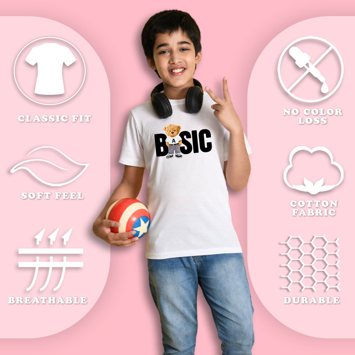 NUSYL Boys Navy Blue & Sky Blue & White Space text & teddy Bear Printed Half Sleeves T-shirt - Pack of 3