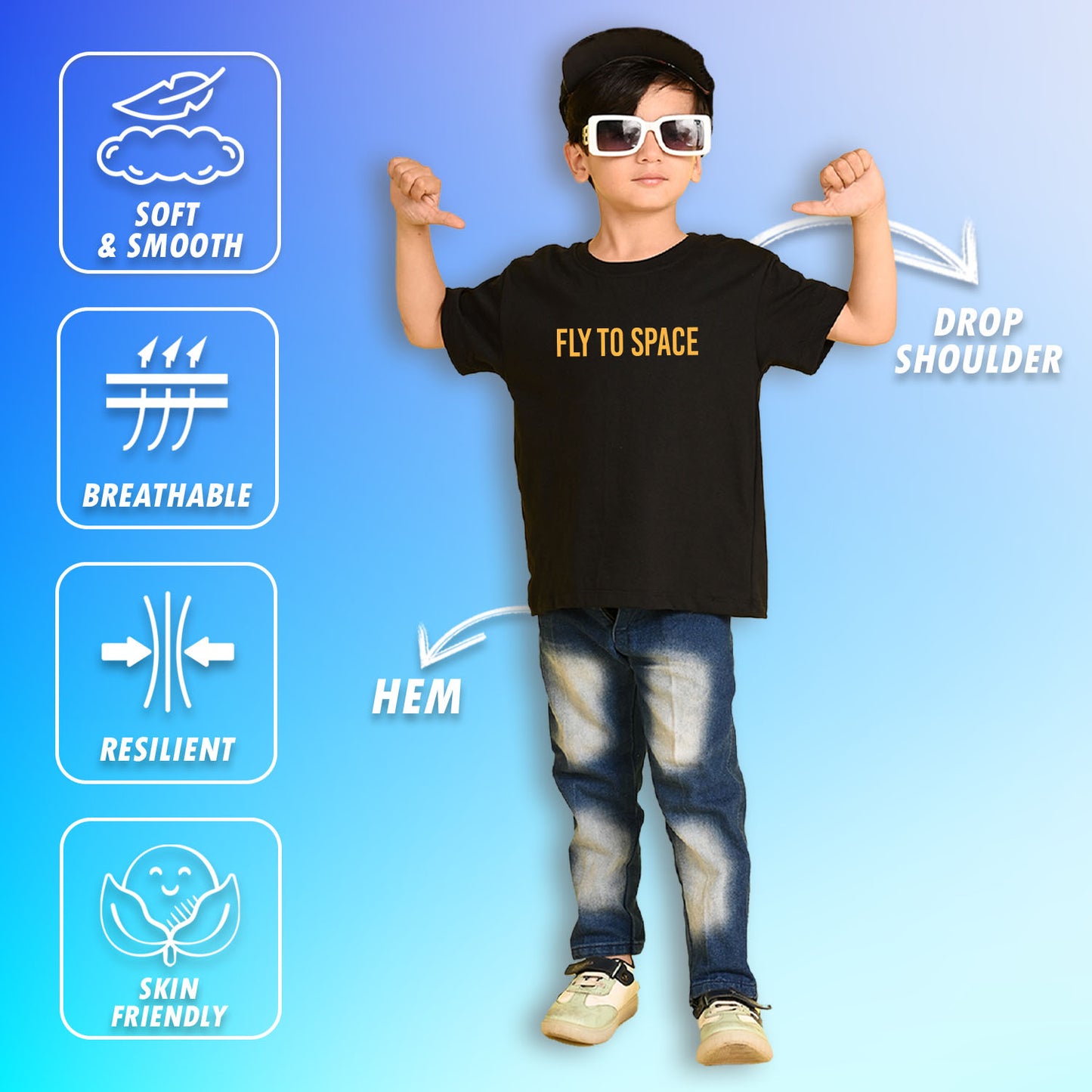 Nusyl Boys Black Astronaut & Text Printed Short Sleeve Oversized T-Shirt