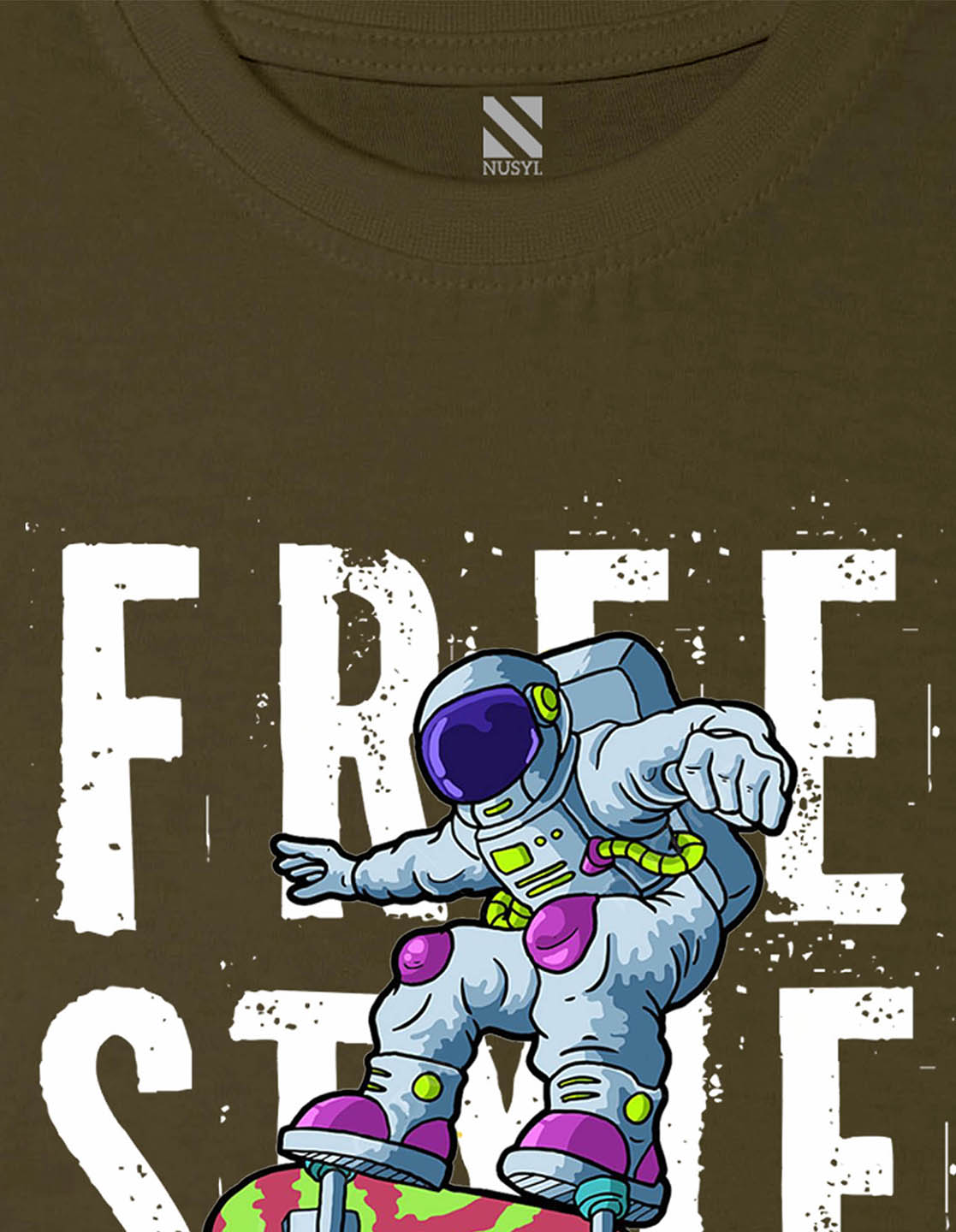 Nusyl Free Style Printed Olive Colour T-shirts