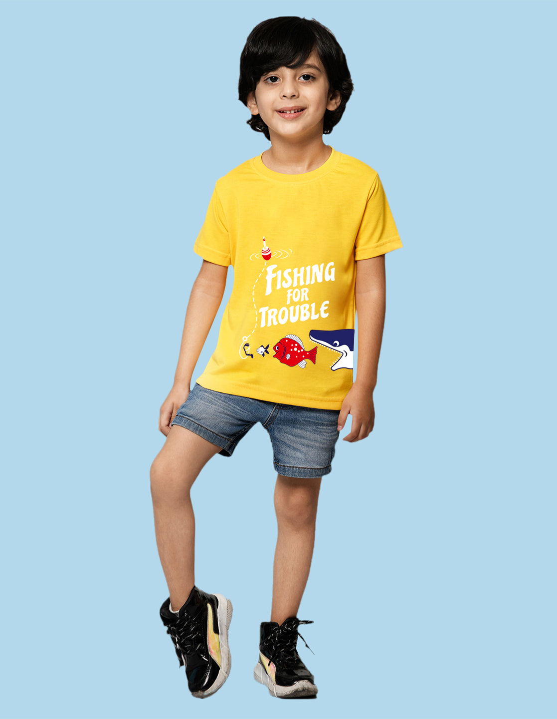 Nusyl Fishes & Text Printed Yellow Biowashed Cotton Half T-shirt T-shirt