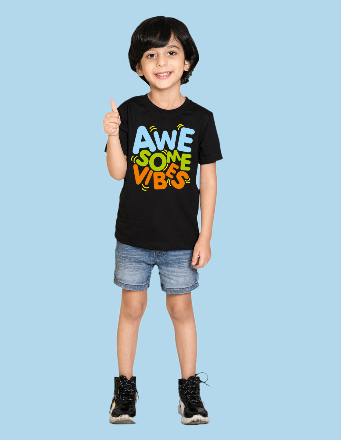 Nusyl Awesome Vibes Black Biowashed Cotton Half T-shirt T-shirt
