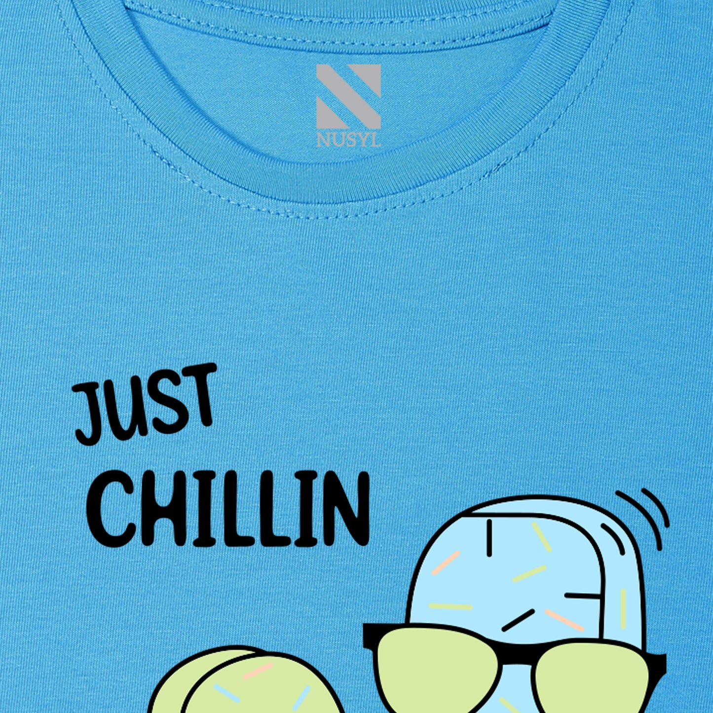 Nusyl Icecream & Just Chilling Text Printed Sky blue Biowashed Cotton Half T-shirt