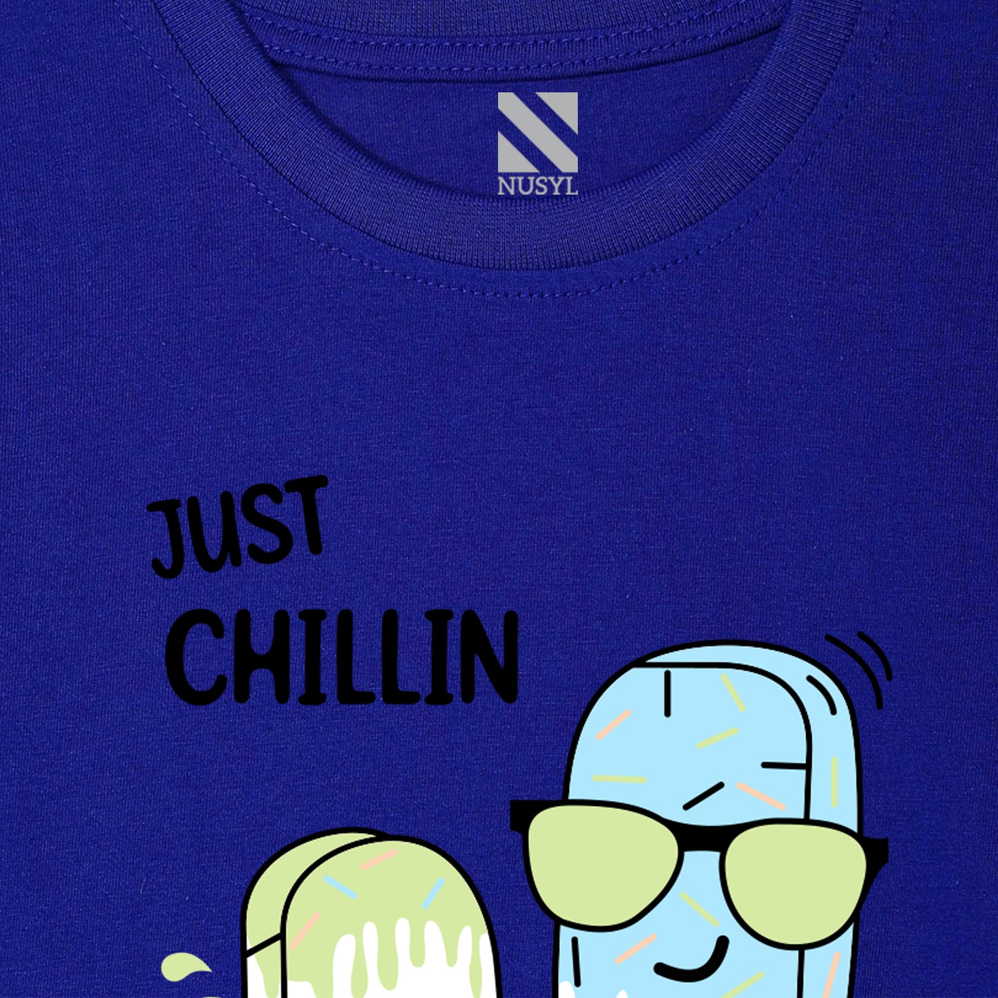 Nusyl Icecream & Just Chilling Text Printed Royal blue Biowashed Cotton Half T-shirt