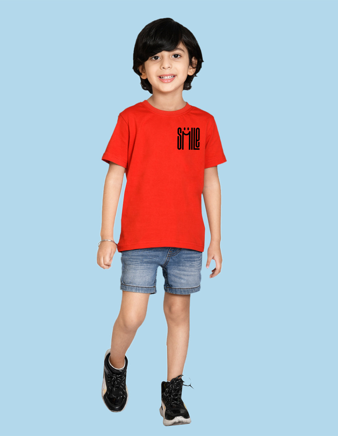 Nusyl Smile Printed Red Biowashed Cotton Half T-shirt T-shirt